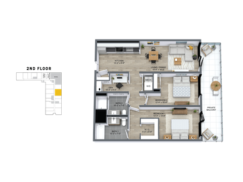 Floor plan for 2 beds, 2 baths, 1168 sqft